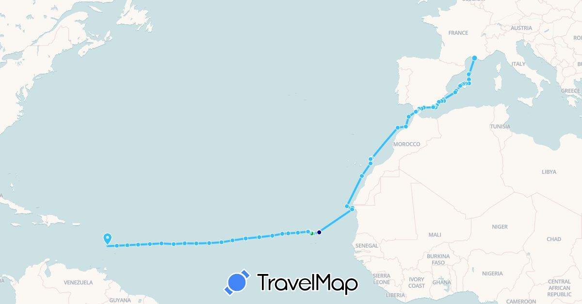 TravelMap itinerary: driving, bus, hiking, boat in Cape Verde, Western Sahara, Spain, France, Gibraltar, Morocco, Mauritania (Africa, Europe)